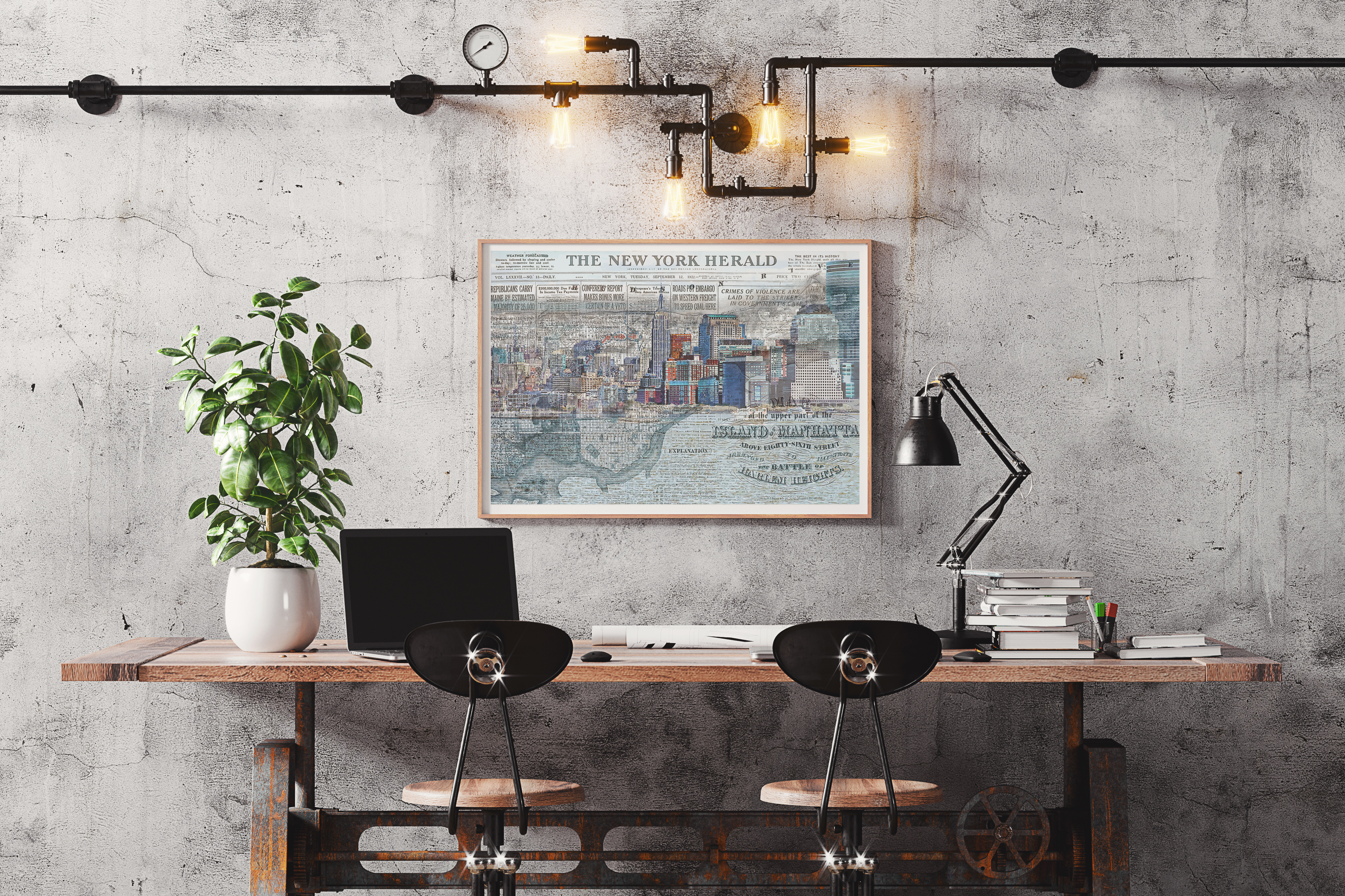 Mixed media New York City art in industrial office by Dan Sproul